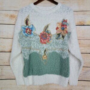 Vintage Needles & Yarn Women's Sweater Size L White Green Textured Floral Beads
